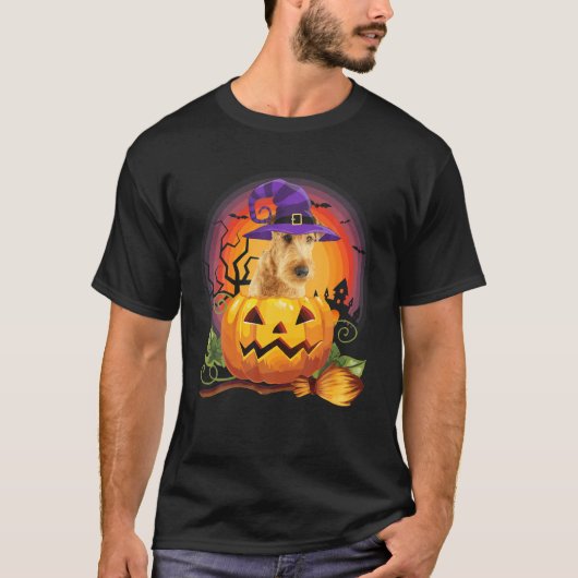 アイレデールテリア魔女かぼちゃハロウィンドッグ恋人 Tシャツ (正面)