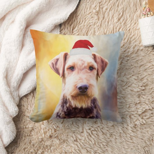 アイレデールドッグクリスマスサンタハットアートポートレート クッション (ブランケット)