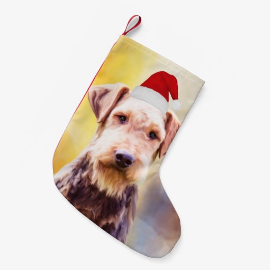 アイレデールドッグクリスマスサンタハットアートポートレート スモールクリスマスストッキング (正面 (吊り時))