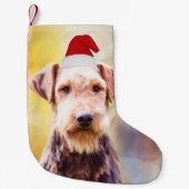 アイレデールドッグクリスマスサンタハットアートポートレート スモールクリスマスストッキング (正面)