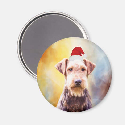 アイレデールドッグクリスマスサンタハットアートポートレート マグネット (正面/裏面)