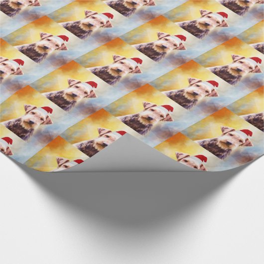 アイレデールドッグクリスマスサンタハットアートポートレート ラッピングペーパー (角)