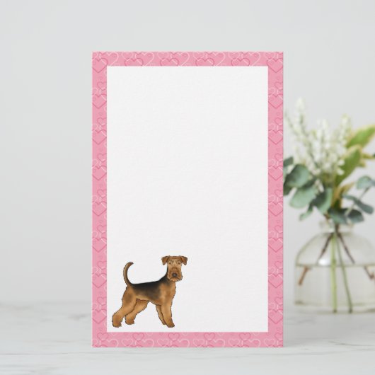 アイレデールビンリーテリアドッグとピンクハート 便箋 (スタンド正面)