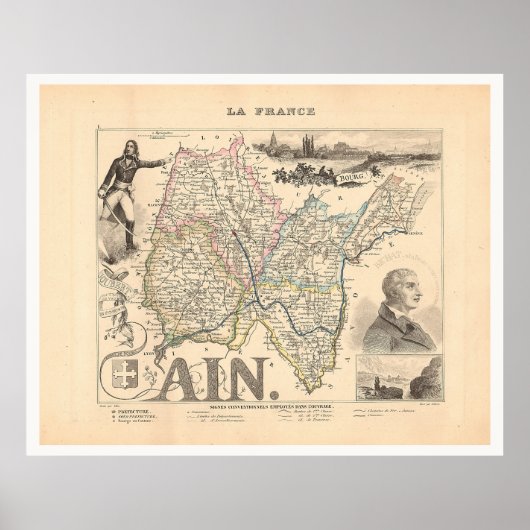 アイン省フランス1858アレクサンドル・ヴィルミンの地図 ポスター (正面)