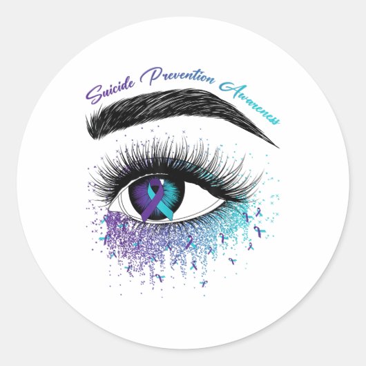 アイ&amp;ティール（緑がかった色）紫リボン自殺防止Aw ラウンドシール (正面)