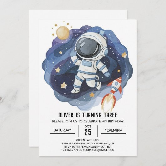 アウターエレガントスペースキッズ宇宙飛行士ボーイ誕生日 招待状 (正面/裏面)