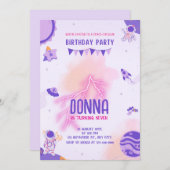 アウターガーリースペースフェスティバルパープルピンク誕生日 招待状 (正面/裏面)