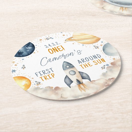 アウタースペースのまわりにファーストトリップザサンボーイ誕生日 ラウンドペーパーコースター (アングル)