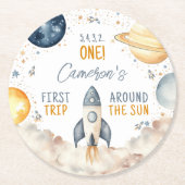 アウタースペースのまわりにファーストトリップザサンボーイ誕生日 ラウンドペーパーコースター (正面)
