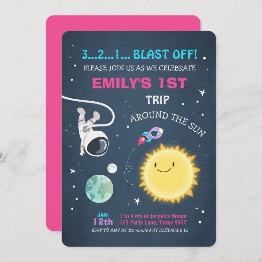 アウタースペースピンクガール1st誕生日招待状 招待状 (正面/裏面)