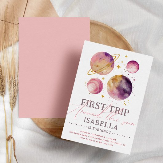 アウタースペースピンク水彩可愛い女の子1st誕生日 招待状