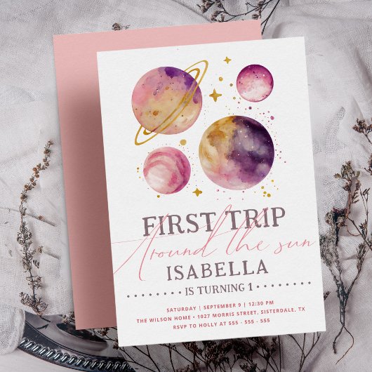 アウタースペースピンク水彩可愛い女の子1st誕生日 招待状