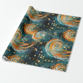 アウタースペースブルーおよびオレンジ色の抽象芸術 モダン ラッピングペーパー (アンロールド)