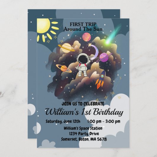 アウタースペースプラネタズブルーファースト誕生日 招待状 (正面/裏面)
