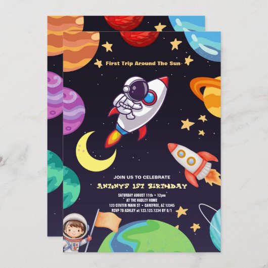 アウタースペースプラネタズブルーファースト誕生日 招待状 (正面/裏面)