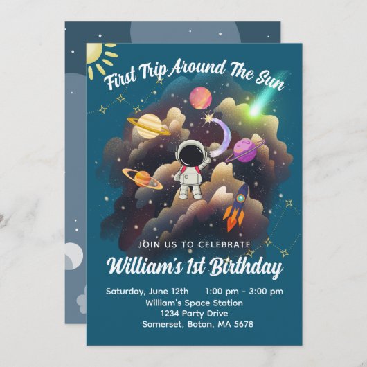 アウタースペースプラネットブルーファースト誕生日招待状 招待状 (正面/裏面)