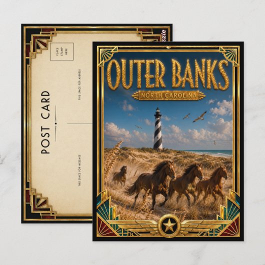 アウターバンクス ノースカロライナ アールデコ調 ゴールド ヴィンテージ ポストカード (正面/裏面)