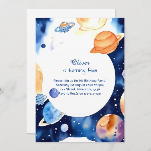 アウターモダンスペーススターダスト誕生日 招待状 (正面/裏面)