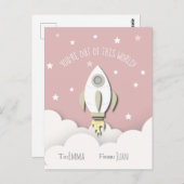 アウトオブザワールドピンク宇宙ロケットバレンタイン ポストカード (正面/裏面)