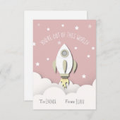 アウトオブザワールドピンク宇宙ロケットバレンタイン 招待状 (正面/裏面)