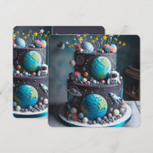 アウトオブザワールド宇宙ケーキ子供の誕生日 招待状 (正面/裏面)