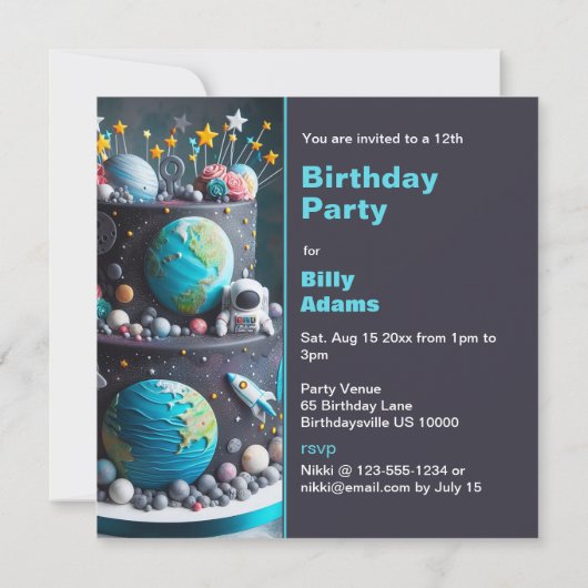 アウトオブザワールド宇宙ケーキ子供の誕生日 招待状 (裏面)