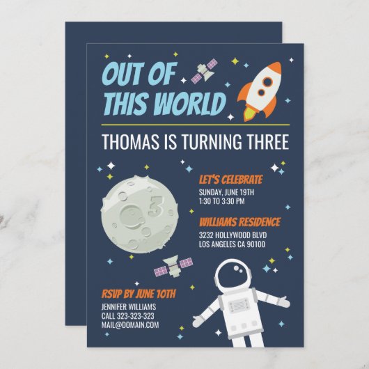 アウトオブザワールド宇宙子供の誕生日パーティー 招待状 (正面/裏面)