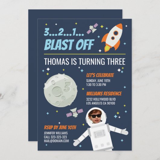 アウトオブザワールド宇宙子供の誕生日パーティー 招待状 (正面/裏面)