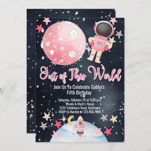 アウトオブザワールド宇宙宇宙飛行士ガール招待状 招待状 (正面/裏面)