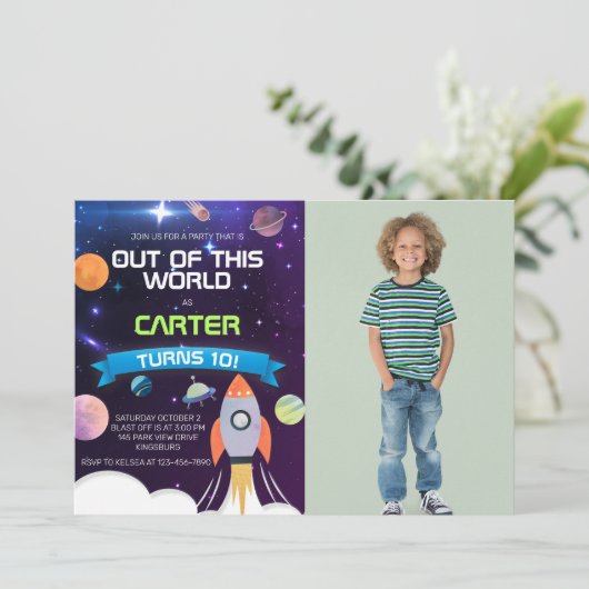 アウトオブザワールド宇宙誕生日写真招待状 招待状 (スタンド正面)