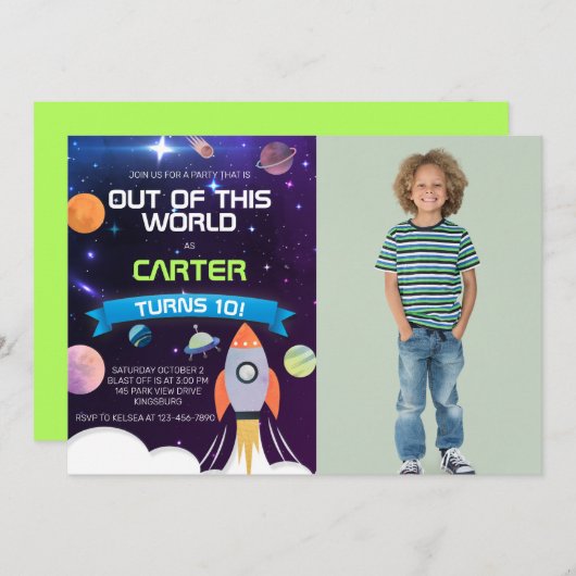 アウトオブザワールド宇宙誕生日写真招待状 招待状 (正面/裏面)