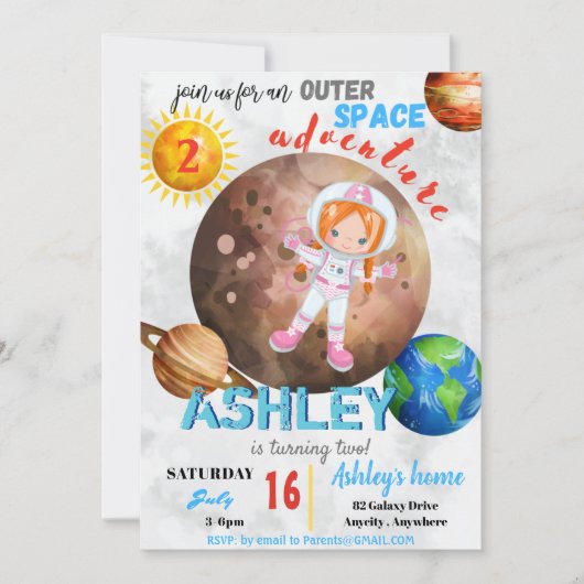 アウトター宇宙アドベンチャー2誕生日招待状カード (正面)