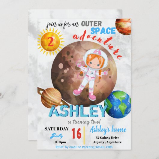 アウトター宇宙アドベンチャー2誕生日招待状カード (正面/裏面)