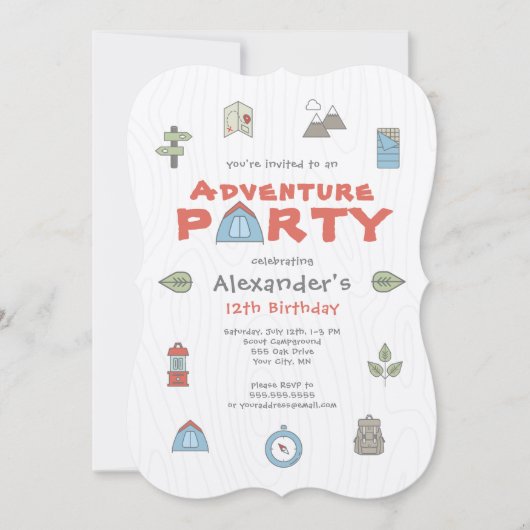 アウトドアアドベンチャーキャンピングハイキングキッズパーティー 招待状 (正面)