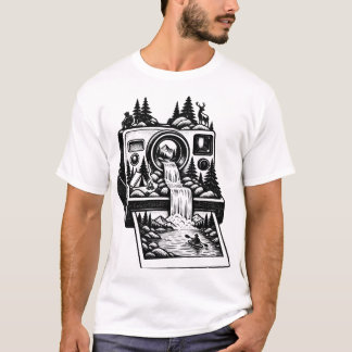 アウトドアアドベンチャー ビンテージカメラとハイキング Tシャツ