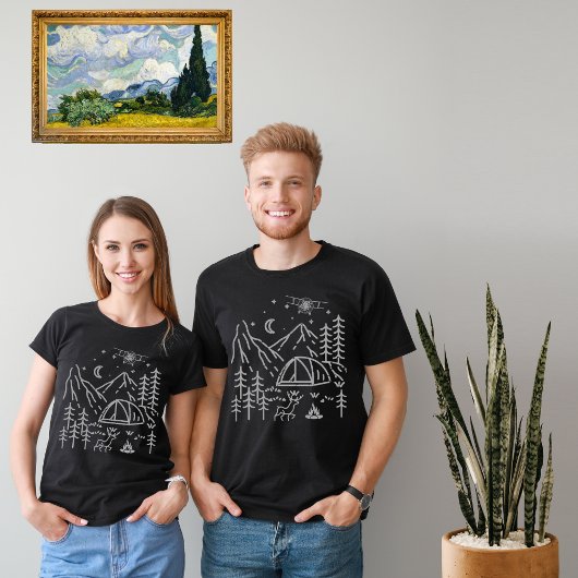アウトドアキャンプファイヤー 森 山 月 星 田舎風 Tシャツ