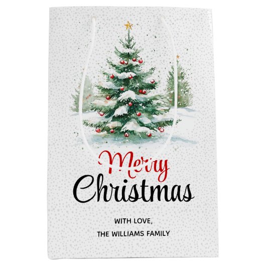 アウトドアクリスマスツリーと降雪 ミディアムペーパーバッグ (正面)