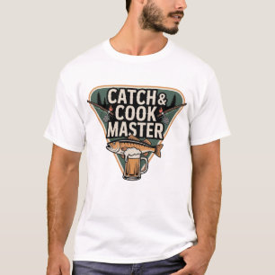 アウトドア素朴バッジ魚釣り棒焼き魚 Tシャツ