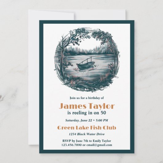 アウトドア魚釣りをテーマにした成人男子バースデーパーティー 招待状 (正面)