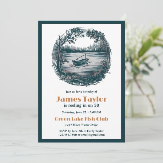 アウトドア魚釣りをテーマにした成人男子バースデーパーティー 招待状 (スタンド正面)