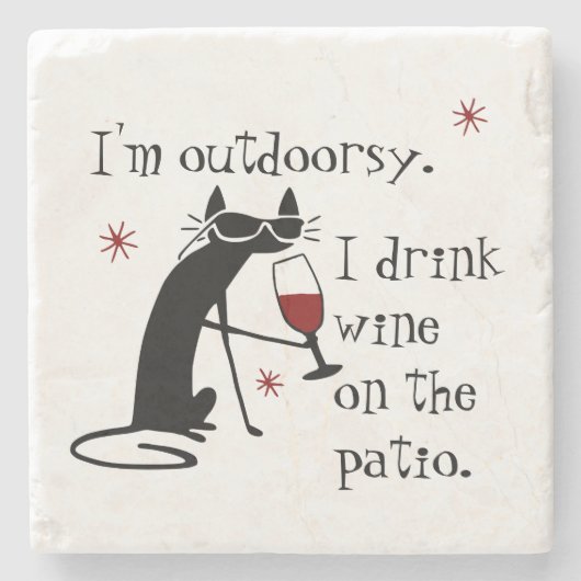 アウトドリーパティオワイン引用文と黒猫 ストーンコースター (正面)