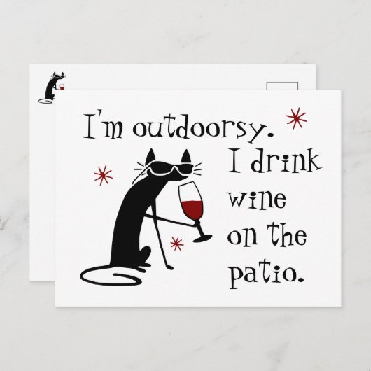 アウトドリーパティオワイン引用文と黒猫 ポストカード (正面/裏面)