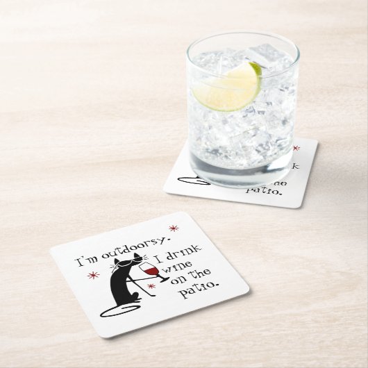 アウトドリーパティオワイン引用文with Cat スクエアペーパーコースター (インサイチュ)