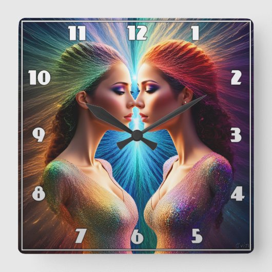 アウラを抽象芸術アートカラフルに使った2人の女性 スクエア壁時計 (正面)