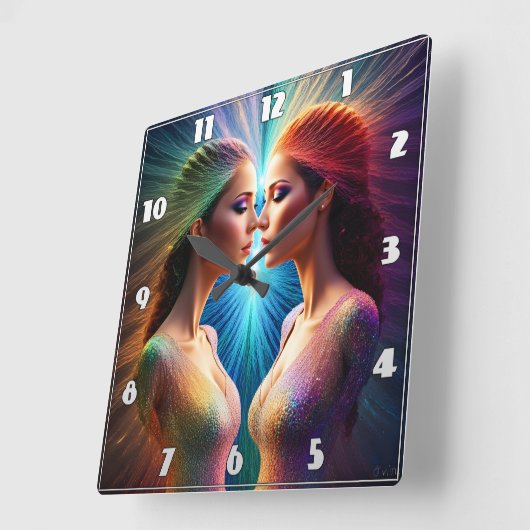 アウラを抽象芸術アートカラフルに使った2人の女性 スクエア壁時計 (傾斜)