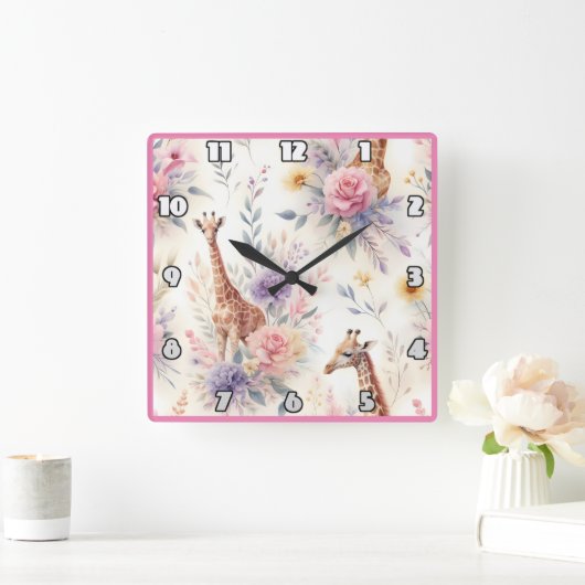 アエレガントフリカの鮮やか花の中のキリン スクエア壁時計 (ホーム)