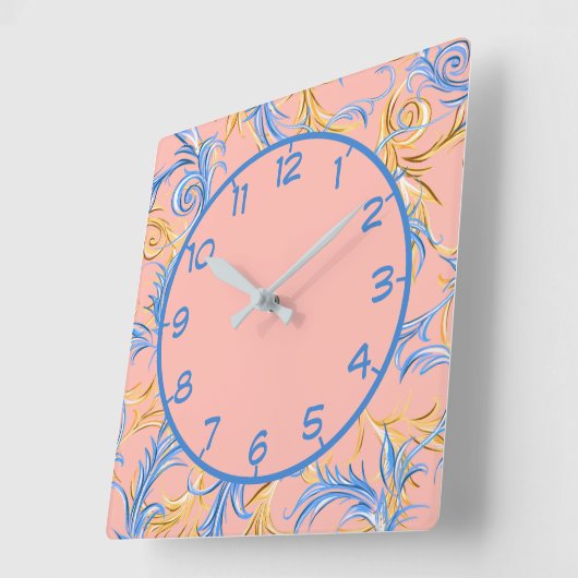 アエレガントラベスクピンクブルー渦模様 スクエア壁時計 (傾斜)