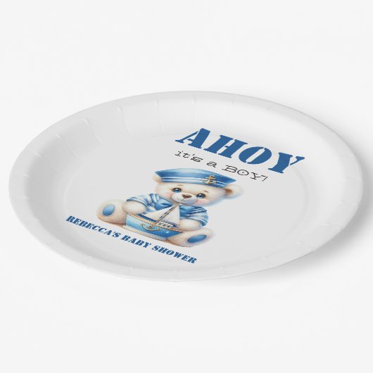 アオイ航海のブルーのセーラーベアボーイ赤ちゃんシャワー ペーパープレート (アングル)
