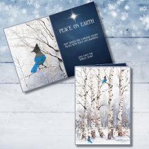 アオカケスと冬のアスペンの木のクリスマスカード