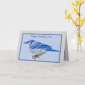 アオカケスの鳥が付いている息子のバースデー・カード カード (黄色い花)